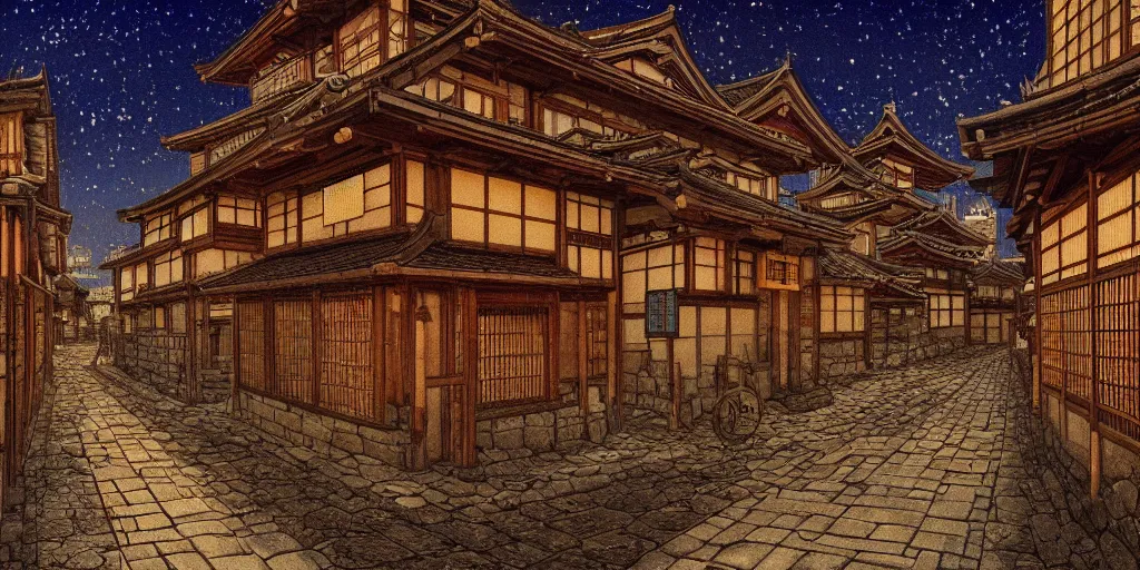 Prompt: Medieval Kyoto street at night landscape, 8K, trending on artstation, golden ratio, pleasant composition, by Jean Giraud