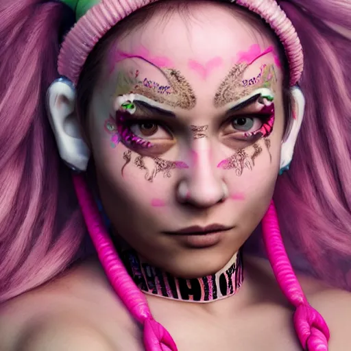 Prompt: An octane 3d render of a girl with pink pigtails, and face tattoos, 8d, HD, hyper detailed, intricate details, photorealistic, dynamic lighting, stunning visuals, creative, trending on art station,