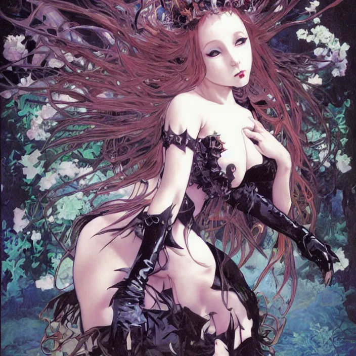 Prompt: little gothic girl, full body, spikes, latex, rubber, rococo, anime aesthetic, chibi, digital painting, sharp focus, concept art, fantasy, by james gurney, by alphonse mucha, by yoshitaka amano, by annie leibovitz