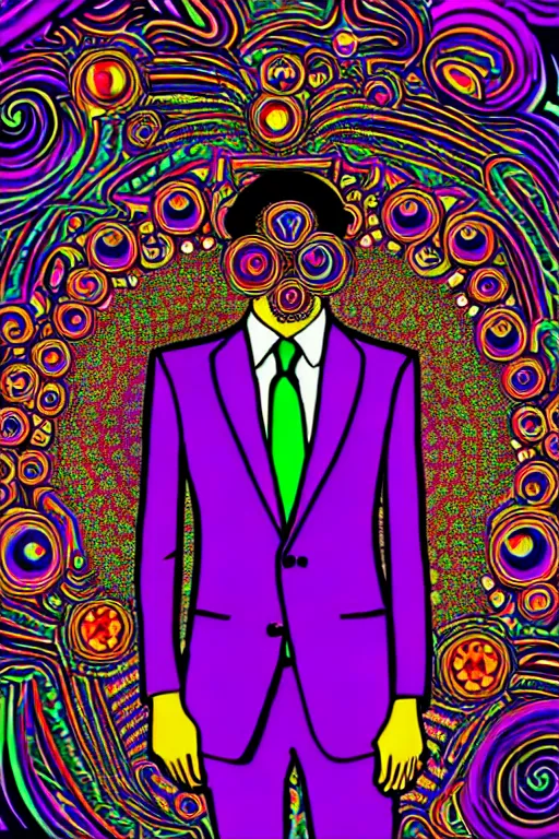 Image similar to psychedelic trippy dmt magnanimous opulent sophisticated businessman in an expensive business suit