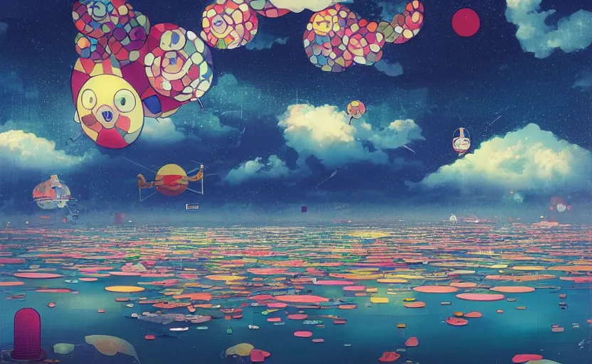 Image similar to a city floating above the sea by takashi murakami,, beeple and james jean, aya takano color style, 4 k, super detailed, night sky, digital art, digital painting, celestial, majestic, colorful