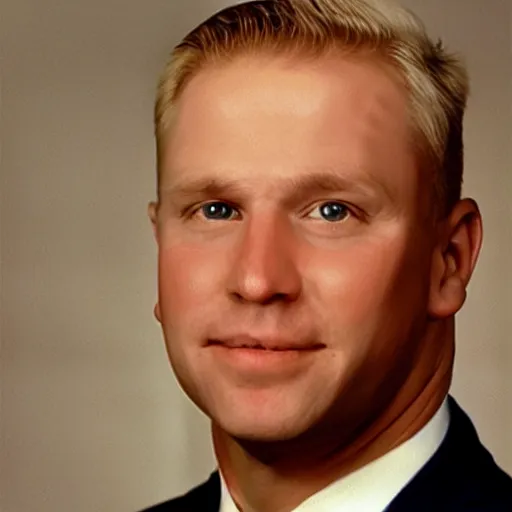 Prompt: official portrait of the united states president, 1994. He is a 35 year old white man from Texas with blond hair and a scar on his cheek.