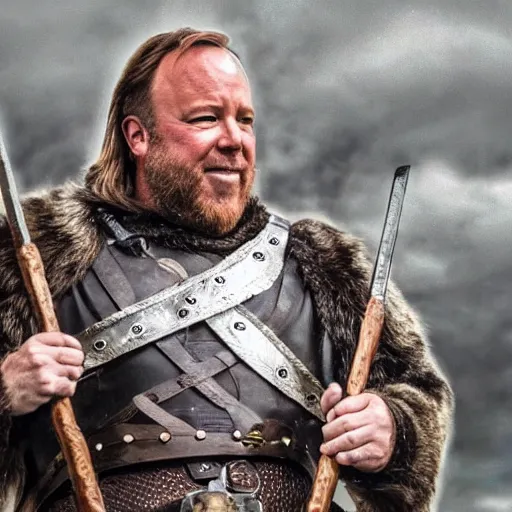 Image similar to Alex Jones dressed as a viking jarl, standing at the helm of a longship