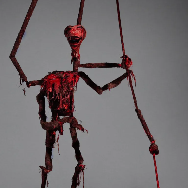 Image similar to a marionette puppet hanging limp with blood running from his eyes, by wayne barlow, highly detailed, horror themed, stark light and shadows