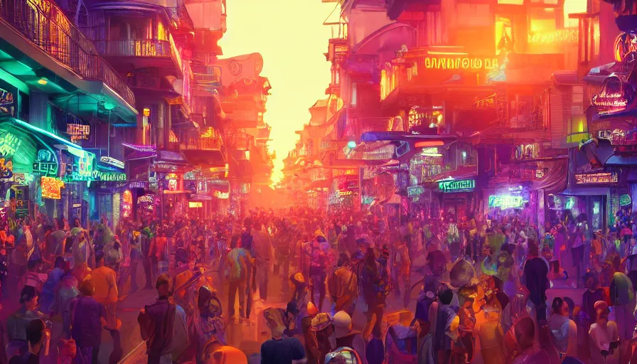 Image similar to futuristic crowded bourbon street, color lights, sunset, fanfare, hyperdetailed, artstation, cgsociety, 8 k