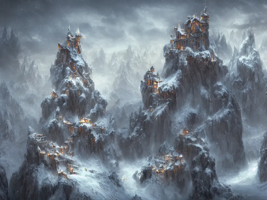 Image similar to elves live in fantasy castles, blizzard, cinematic landscape ， on a snowy day, by xu beihong