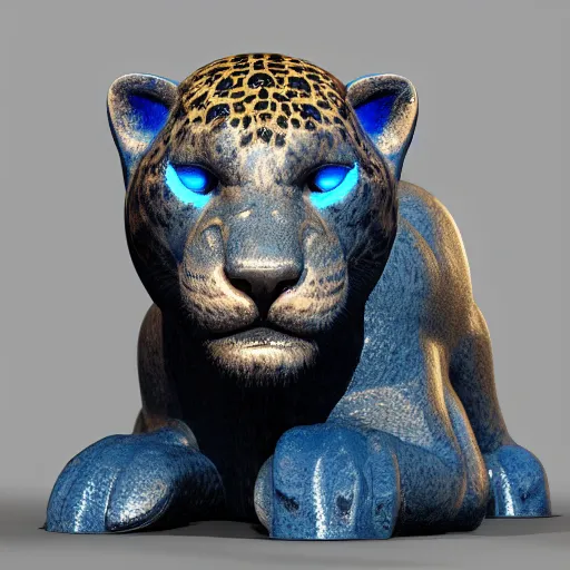 Image similar to jaguar sculpture with glowing blue eyes, octane render