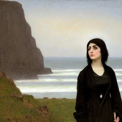 Image similar to 1 7 - year - old pale - skinned persian girl with black long bob cut, long bangs, black gothic jacket, black jeans, psychic girl, standing on cliff along the irish coast, overcast gray skies, ultra - realistic, sharp details,, intricate details, art by william - adolphe bouguereau