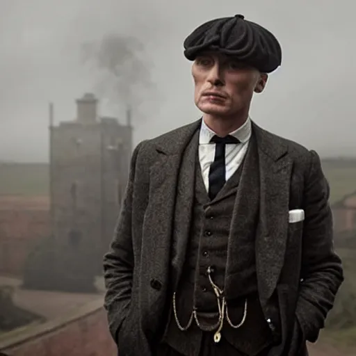 Image similar to A still from Peaky Blinders depicting Tommy Shelby bald