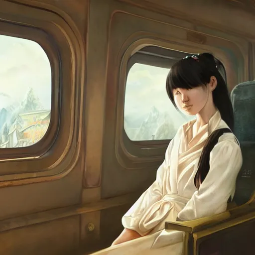 Prompt: luxury advertisement, a highly detailed epic cinematic concept art CG render digital painting artwork of a Chinese schoolgirl sitting in the train. By Greg Rutkowski, Ilya Kuvshinov, WLOP, Stanley Artgerm Lau, Ruan Jia and Fenghua Zhong, trending on ArtStation, made in Maya, Blender and Photoshop, octane render, excellent composition, cinematic atmosphere, dynamic dramatic cinematic lighting, aesthetic, very inspirational, arthouse