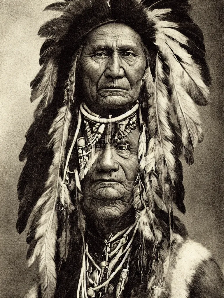 Prompt: Chief of the Native American tribe, portrait by David friedric