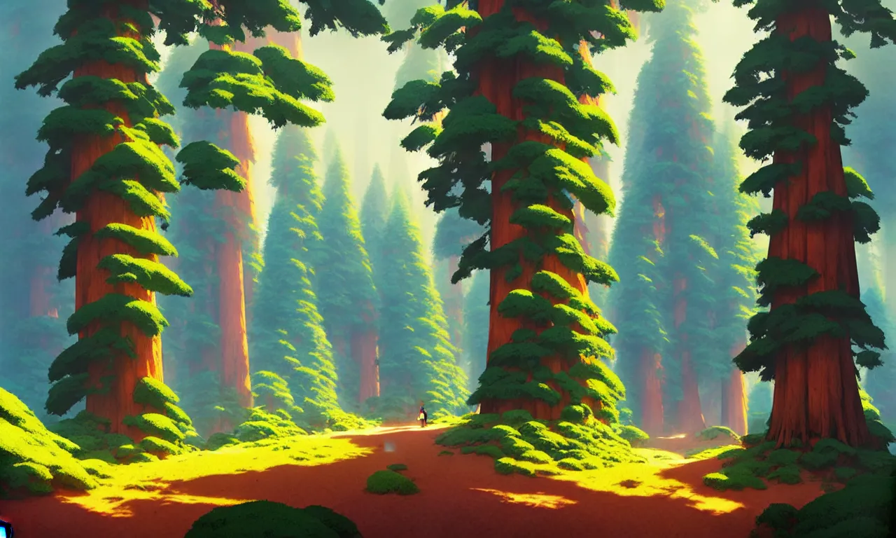 Image similar to Sequoia forest in a colorful moutain with beautiful trees , no people, morning, by studio ghibli painting, superior quality, masterpiece, traditional Japanese colors, by Grzegorz Rutkowski, concept art