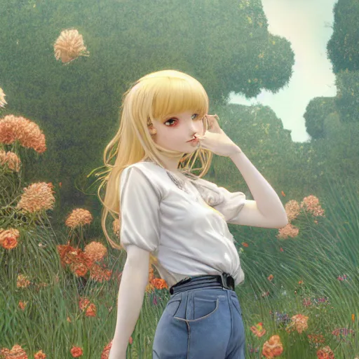 Prompt: A playful young woman with blonde long hair and bangs in shorts and a white blouse and Totoro drawn by Zeronis and Luis Royo and Robert McGinnis and alphonse mucha, background by James Jean and gustav klimt, 4k, sunny day, volumetric lighting, french nouveau, trending on artstation, octane render, hyperrealistic