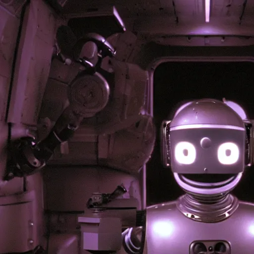 Prompt: movie scene of a robot lookijg the outer space, movie still, cinematic composition, cinematic light, criterion collection, reimagined by industrial light and magic, Movie by David Lynch and Ridley Scott