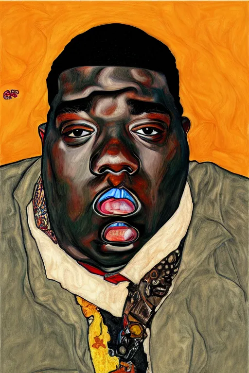 Image similar to a portrait of biggie small in style of egon schiele, masterpiece, hyperdetailed, complex, intricate, 4 k, trending on artstation