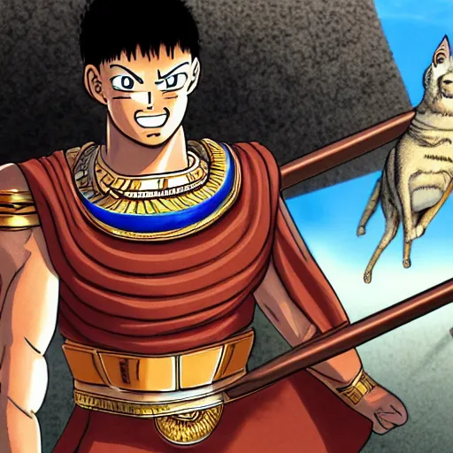 Prompt: illustration of a beautiful, athletic creature that is a half of the roman emperor augustus and a half of egyptian cat, character design, art station, epic, elegant, masterpiece of akira toriyama