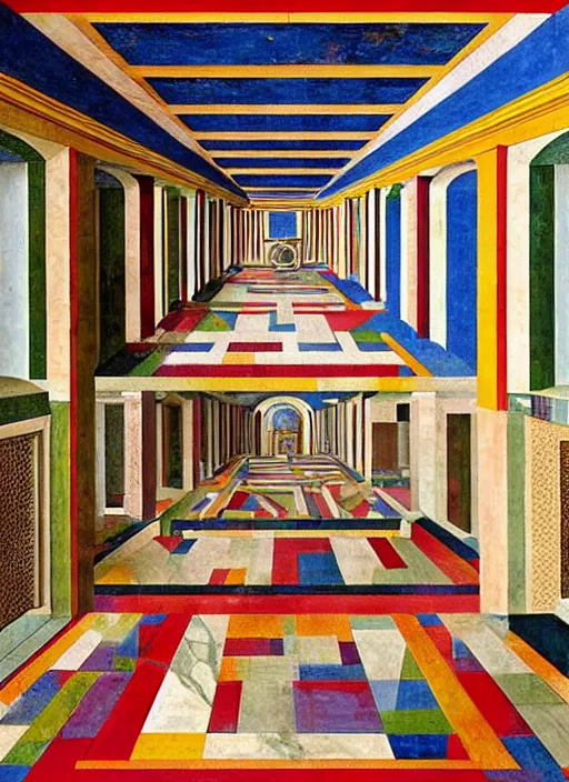 Image similar to renaissance painting of a room in central perspective marble checkered floor and bright colors, geometrically precise in the style of piero della francesca, primary colors, happy color palette