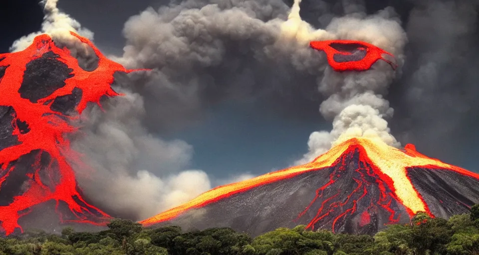 Image similar to a volcano made of ivory vines and crimson rocks enters in eruption, it spits a smoke in the shape of demonic eye, from Final fantasy