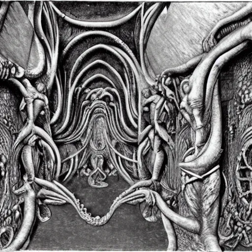 Image similar to the entrance of tartarus, ornate, ominous, weapons, mossy, lava, underworld, low angle, warped drive through the gates of hell, reality of non - euclidean eldritch geometric biomechanical taxonomic forms by rodin, hr giger, ernst haeckel, mc escher and junji ito.