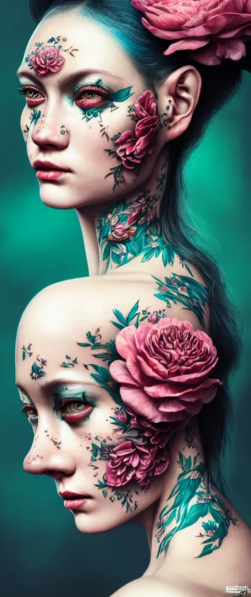 Prompt: hyperrealistic hyper detailed close-up side portrait of gorgeous woman covered in rococo flower tattoos matte painting concept art hannah yata very dramatic dark teal lighting low angle hd 8k sharp 35mm shallow depth of field