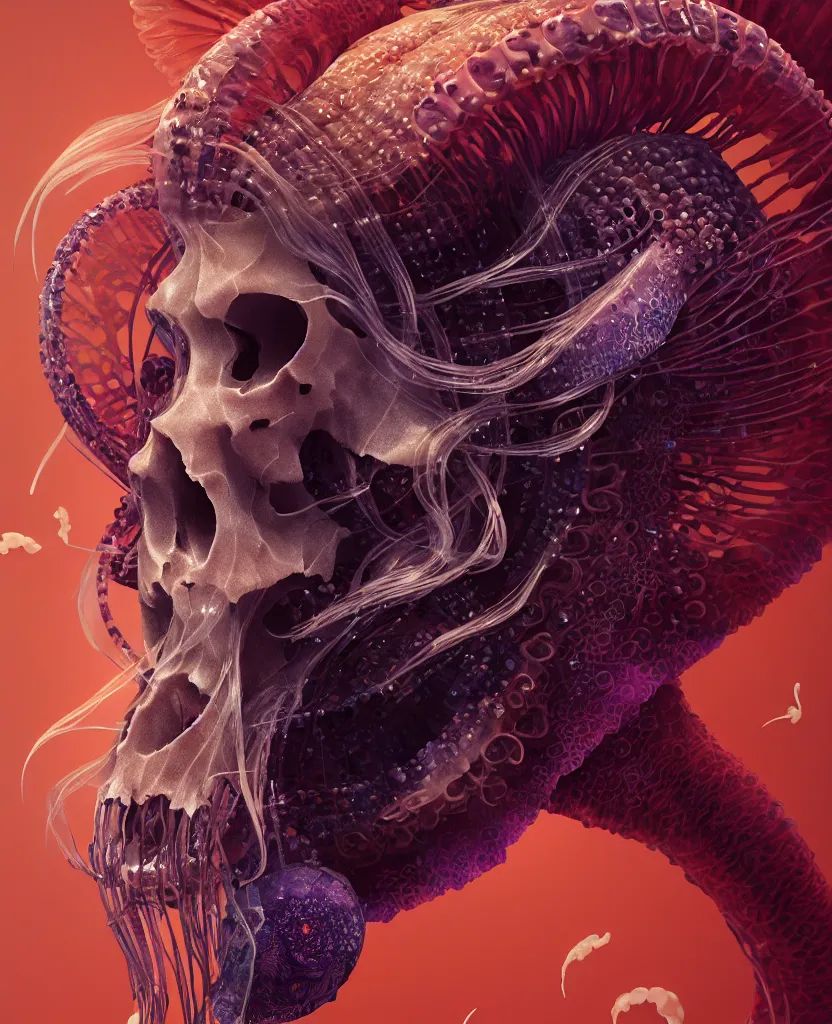 Image similar to goddess close-up portrait animal skull. jellyfish phoenix head, nautilus, orchid, skull, betta fish, bioluminiscent creatures, intricate artwork by Tooth Wu and wlop and beeple. octane render, trending on artstation, greg rutkowski very coherent symmetrical artwork. cinematic, hyper realism, high detail, octane render, 8k