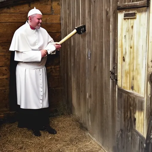 Image similar to guy fieri dressed as the pope cleaning a horse stall, a horse is staring at him while he is doing his work, award winning photo,