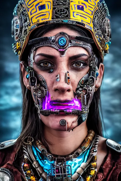 Image similar to portrait photo of female magical aztec warrior as a cyberpunk cyborg head - realistic and detailed, hdr 8 k