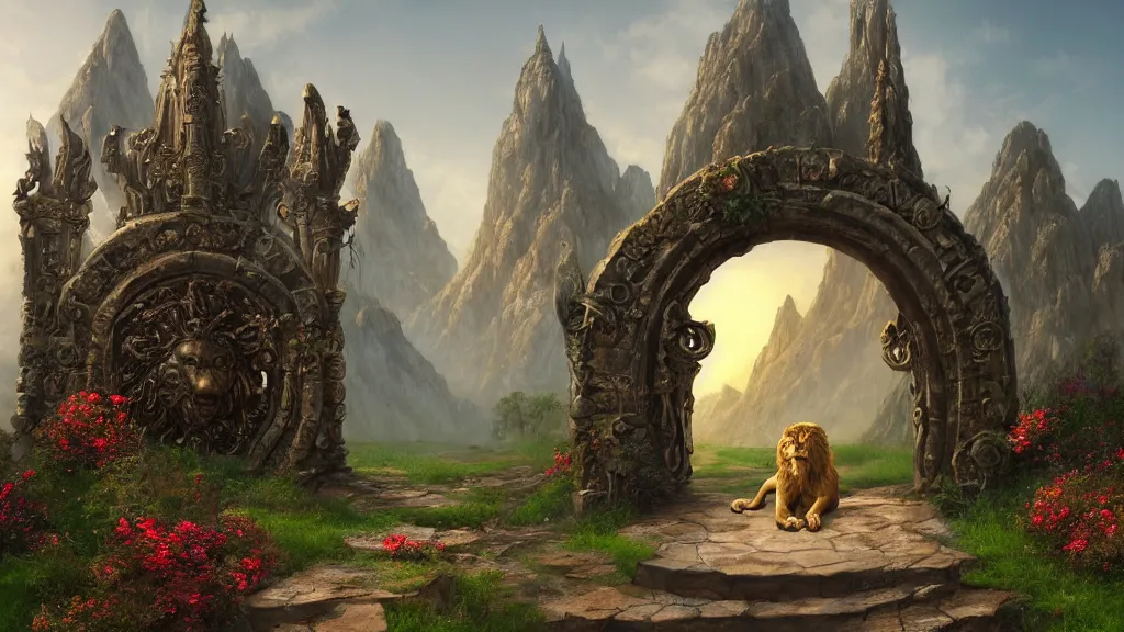 Image similar to A giant medieval fantasy portal gate with a rusty gold carved lion face at the center of it, the portal takes you to another world, full of colorful flowers on the lost Vibes and mountains in the background, spring, delicate fog, sea breeze rises in the air, by andreas rocha and john howe, and Martin Johnson Heade, featured on artstation, featured on behance, golden ratio, ultrawide angle, f32, well composed