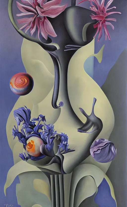 Image similar to a biomorphic painting of a vase with flowers in it, a surrealist painting by Bridget Bate Tichenor, by Georgia O'Keeffe, by Amanda Sage, featured on deviantart, metaphysical painting, oil on canvas, acrylic art, airbrush art