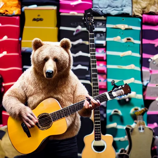 Image similar to a photograph of a man poorly cosplaying as a bear while holding a guitar, he is in a shoe store, he is standing in between long store isles, vivid color, 50mm