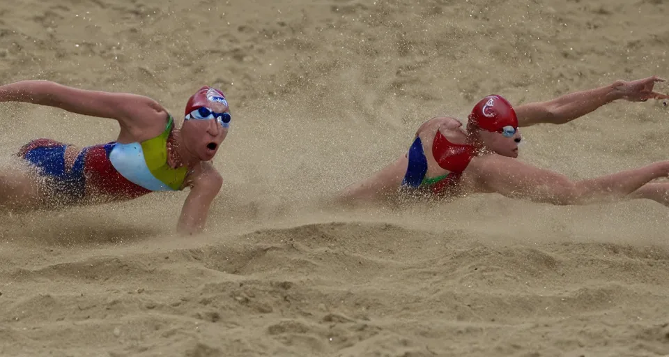 Image similar to olympic swimming in sand instead of water, extremely coherent, motion blur