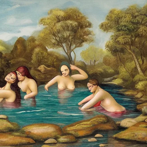 Prompt: The illustration depicts four bathers in a stream or river, with two men and two women. The bathers are shown in different positions, with one woman lying down and the other three standing. The illustration has a very naturalistic style, with trademark use of bold colors and brushstrokes. The overall effect is one of a peaceful scene, with the bathers enjoying the refreshing water. Greek by Richard Dadd, by Ludwig Mies van der Rohe frightful, playful