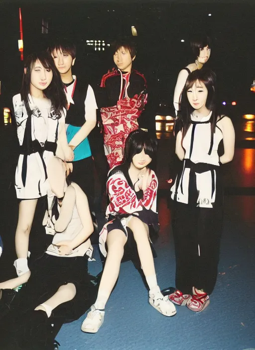 Image similar to photograph of a jpop group, jpop band, real, lower quality, detailed, focal length, disposable camera, 1 9 9 9, nostalgia, japan, tokyo city, evening