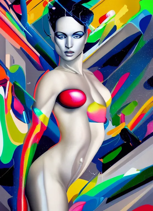 Image similar to futuristic lasers tracing, colorsmoke, fullbodysuit, pyramid hoodvisor, raindrops, wet, oiled, beautiful cyborg girl aphrodite pinup, by steven meisel, kaws, rolf armstrong, hannah af klint, perfect geometry abstract acrylic, octane hyperrealism photorealistic airbrush collage painting, monochrome, neon fluorescent colors, minimalist rule of thirds, eighties eros