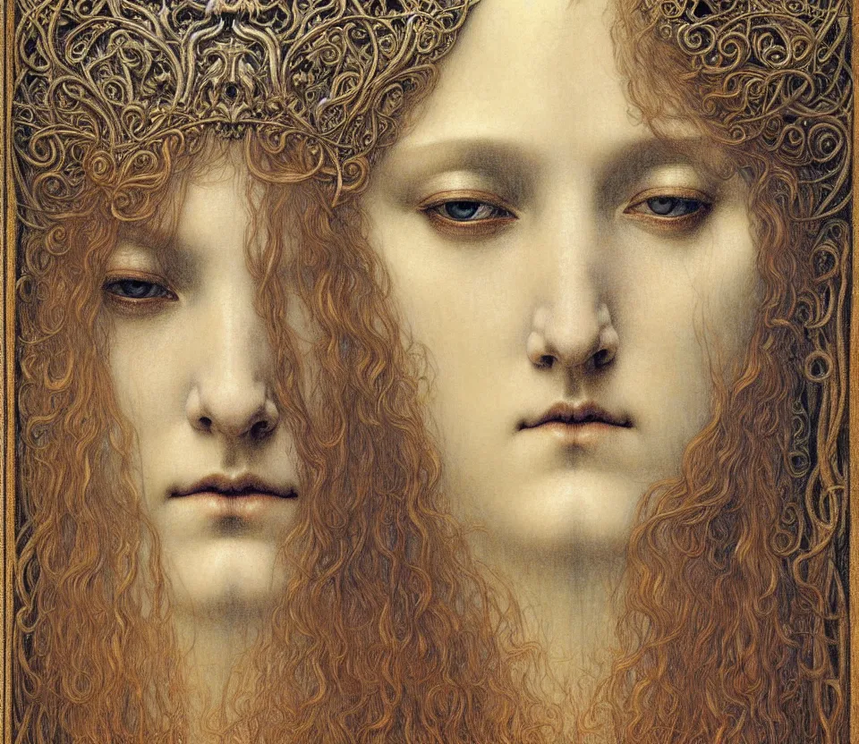 Image similar to detailed realistic beautiful young medieval queen face portrait by jean delville, gustave dore and marco mazzoni, art nouveau, symbolist, visionary, gothic, pre - raphaelite. horizontal symmetry