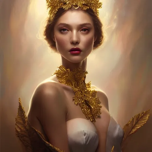 Prompt: expressive oil painting, of alluring european princess, seductive look, smooth glowing skin, glistening body, love, adoration, ornate headpiece made from leaves, glamour shot, by yoshitaka amano, by greg rutkowski, by jeremyg lipkinng, by artgerm, digital art, octane render, white sheer dress