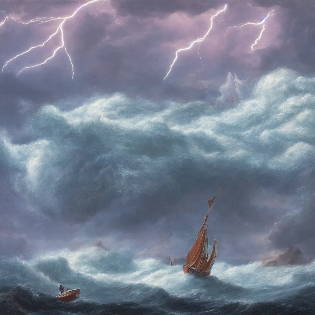 Image similar to a fantasy landscape of a giant squid in a stormy sea, giant waves, lightning in the background, small boat, oil painting, 4 k