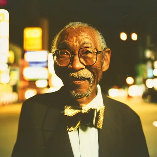 Image similar to old black man in tokyo at night, wearing gold chain, gold rings, cinestill 8 0 0,