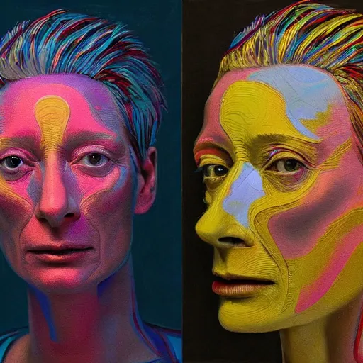 Image similar to a realistic octane render physically based rendering chrome neon tilda swinton, trending on artstation, by archan nair and marlene dumas, intricate details, gilded, in the style of frank auerbach, by kandinsky