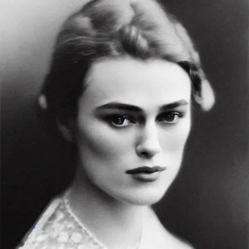 Prompt: edwardian photograph of a mix of keira knightley and grace kelly, 1 9 0 0 s, 1 9 1 0 s, grainy, slightly blurry, faded, realistic face, elegant, graceful, vintage hollywood star