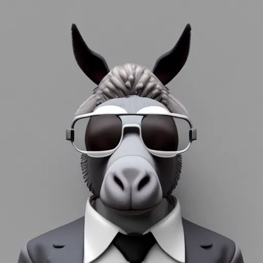 Prompt: 3D render of a donkey character in a suit and wearing cool sunglasses, gray background, amazing detail, artstation, octane render