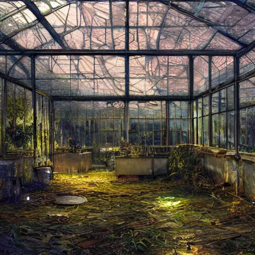 Image similar to concept art of an abandoned greenhouse at night with subtle psychedelic alterations by john howe and henry ossawa tanner, trending on artstation, hyperrealism, highly detailed, art gallery, museum piece