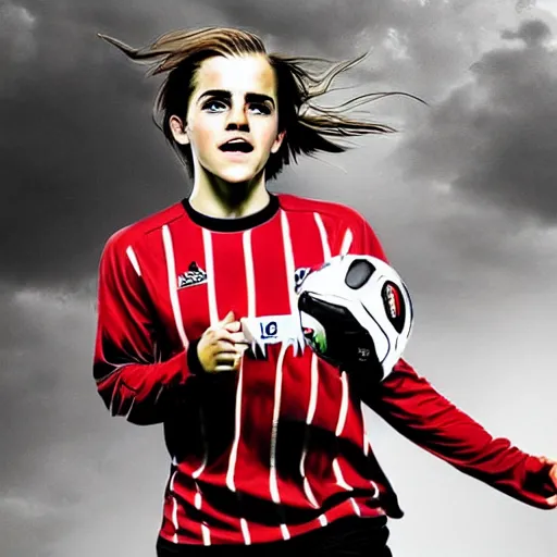 Image similar to emma watson as a lokomotiv football player, portrait, hyper realistic, highly detailed