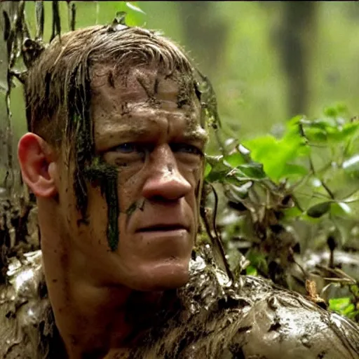 Prompt: film still of john cena as major dutch, covered in mud and hiding from the predator predator predator in swamp scene in 1 9 8 7 movie predator, hd, 4 k