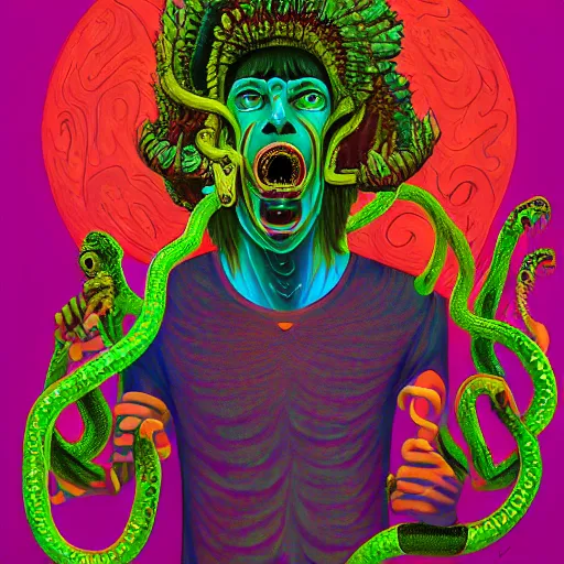 Prompt: a painting of a psychedelic shaman with snakes coming out of his mouth, a surrealist painting, polycount, behance, surrealism, surrealist, lovecraftian, cosmic horror, grotesque