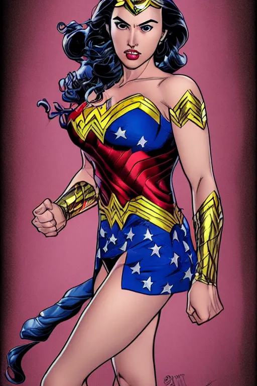 Image similar to A beautiful portrait of Wonder Woman by Frank Cho, detailed, proportional, trending on art station, medium shot