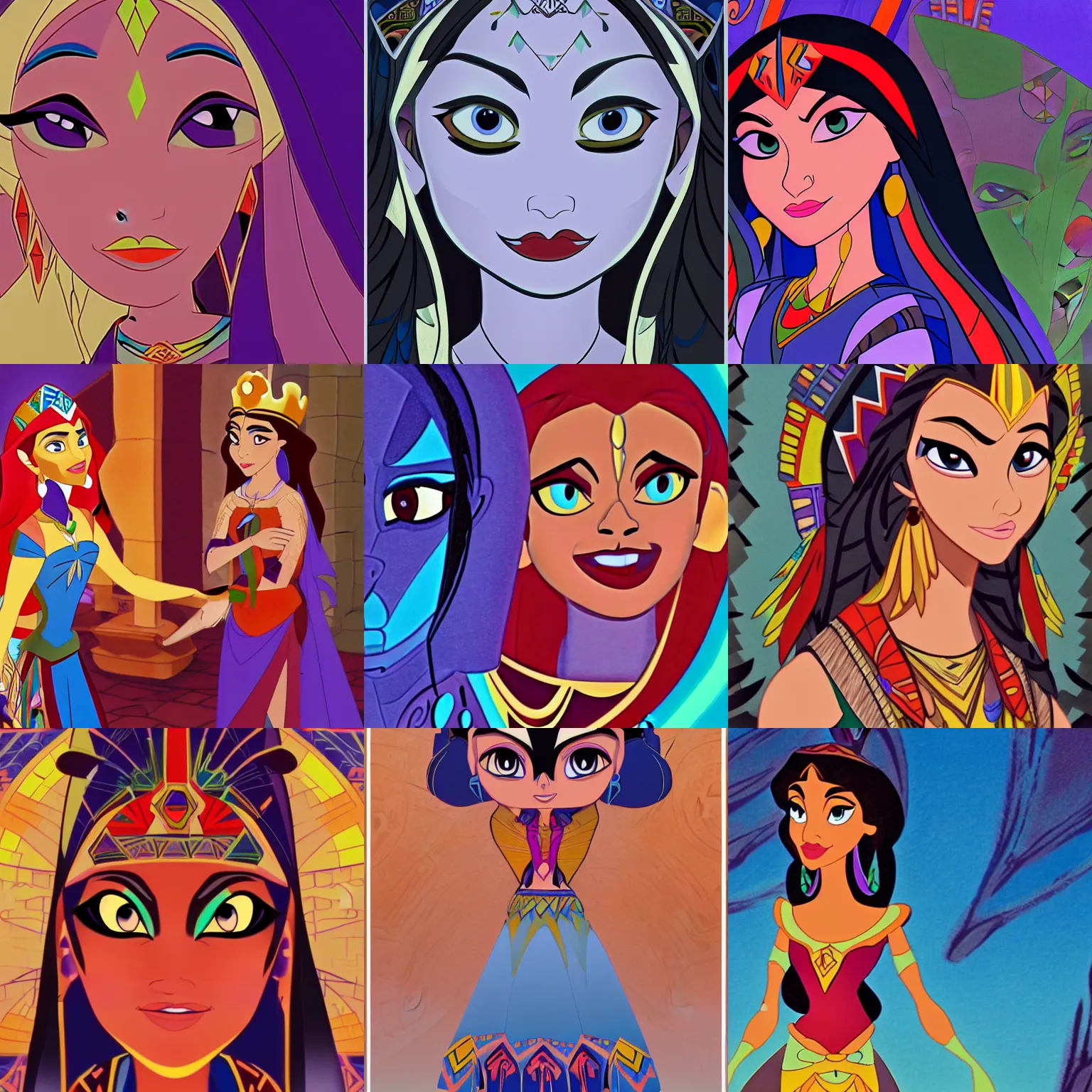 Prompt: Aztec Disney princess meets the evil villain by Glen Keane, Disney 2D Traditional Animation, Semi Realistic Anime, symmetrical face, beautiful eyes, Disney Renaissance film, Cel Shaded, cinematic, widescreen, 4K