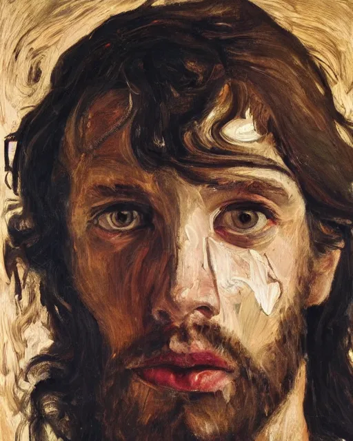 Prompt: a close up portrait of jesus, low angle, facing front, looking up, by Lucian Freud and Jenny Saville, oil painting, anatomically correct, beautiful perfect face, visible brushstrokes, sharp focus, Highly Detailed, Cinematic Lighting, 8k, HD