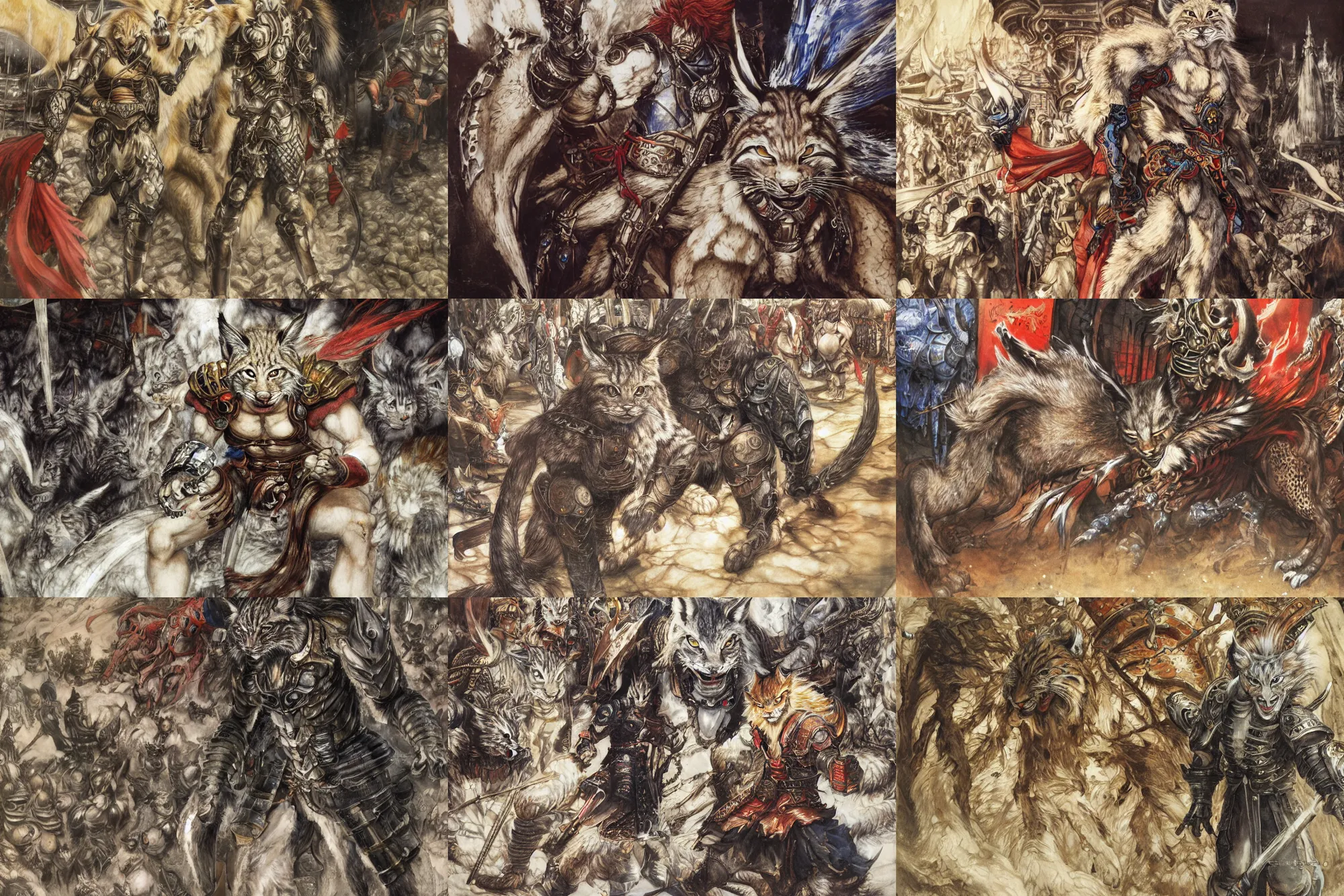 Image similar to 8k Yoshitaka Amano painting of upper body of a young cool looking lynx beast-man with white mane at a medieval market at windy day. Depth of field. He is wearing complex fantasy armors. He has huge paws. Renaissance style lighting.