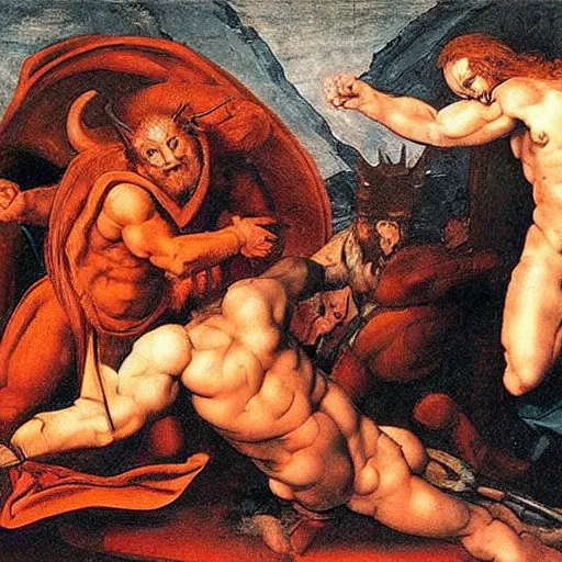 Image similar to the devil and the god, epic fight, iconic battle by raphael